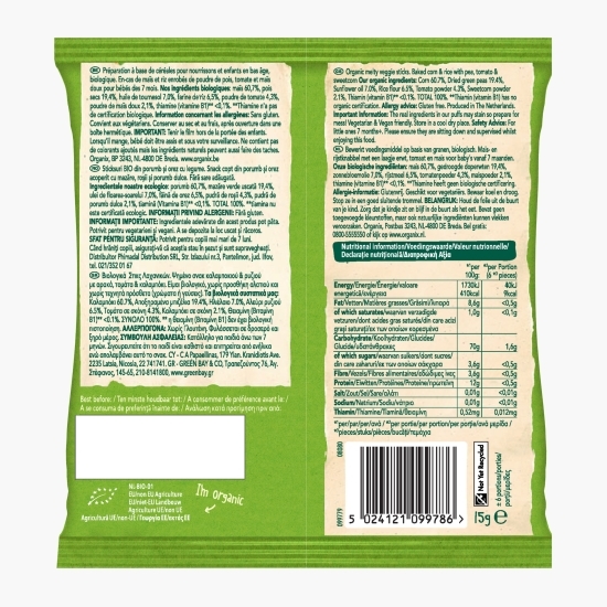 Sticksuri ecologice din porumb cu legume 15g, 7+ luni
