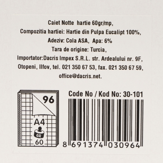Caiet matematică, A4 cu spiră și găuri îndosariere, 96 file, 60 g/mp, diverse culori