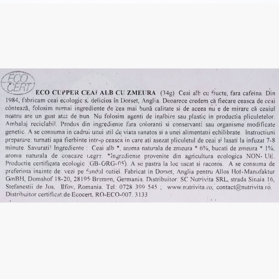 Ceai alb eco cu zmeură 20 plicuri, 34g