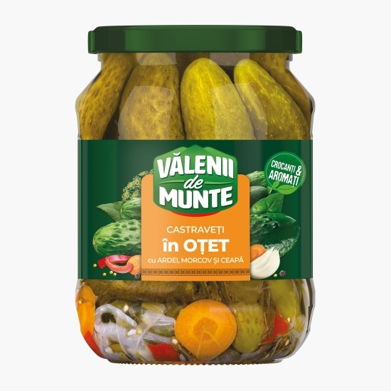 Castraveți în oțet, cu ardei, morcov și ceapă 670g