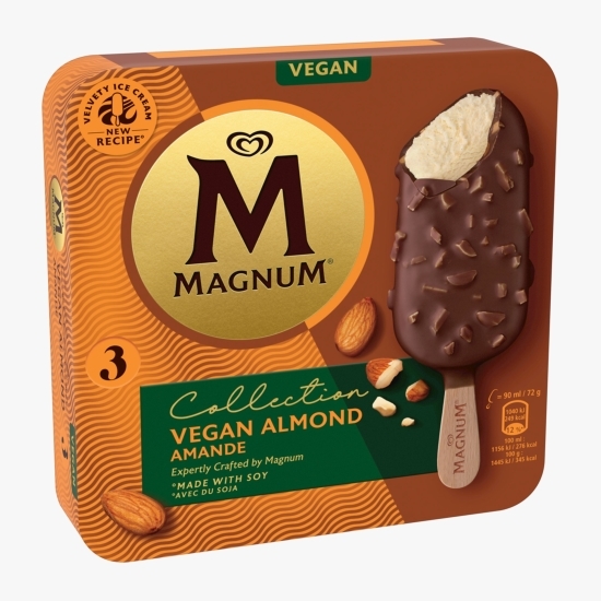 Înghețată vegană de vanilie, cu glazură de ciocolată și migdale, 3x90ml (3x72g)