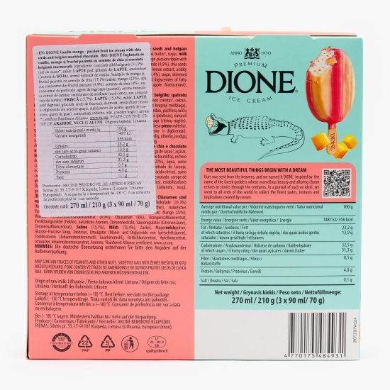 Înghețată de vanilie, mango și fructul pasiunii, cu semințe de chia și ciocolată belgiană marmorată, 3x90ml (3x70g)