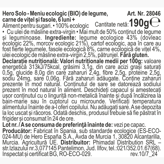 Meniu eco de legume cu carne de vițel și fasole +6 luni, 190g