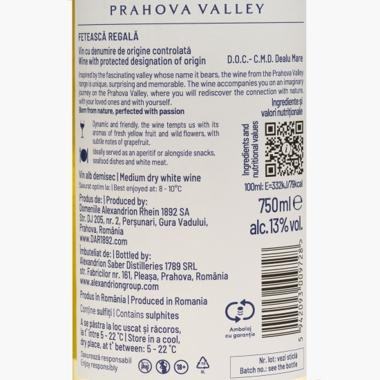 Vin alb demisec Fetească Regală, 13%, 0.75l
