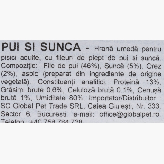 Hrană umedă pentru pisici adulte, cu pui și șuncă 70g