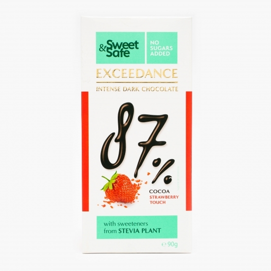 Ciocolată neagră 87% cacao cu căpșuni, fără zahăr și îndulcitor stevie 90g