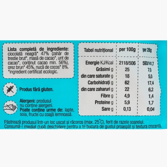 Snack Sănățele eco cu ciocolată neagră și cocos, fără gluten 28g