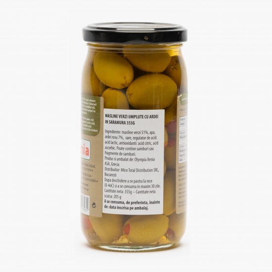 Măsline verzi umplute cu ardei în saramură 355g