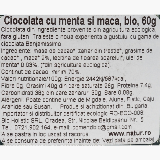 Ciocolată neagră  eco 70% cacao, cu mentă și maca 60g