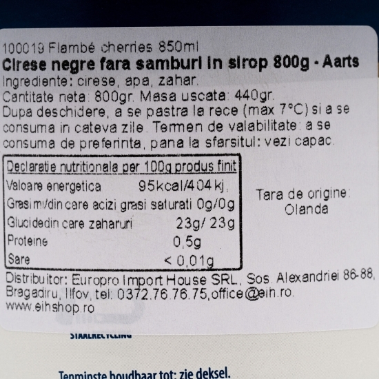 Cireșe negre dulci fără sâmburi în sirop, conservă 850ml