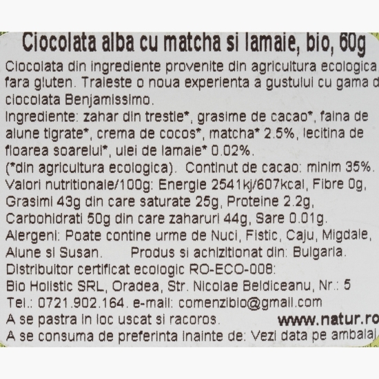Ciocolată albă eco, cu matcha și lămâie, 60g