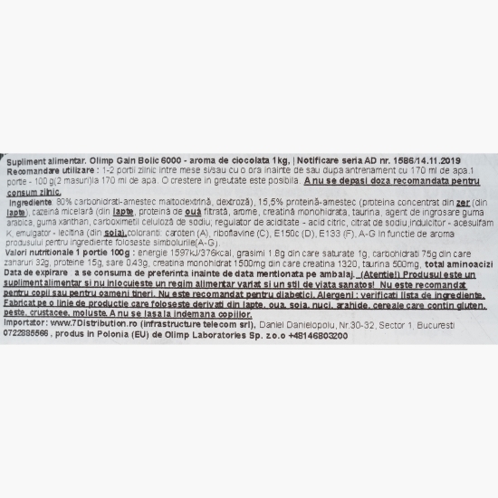 Gainer proteine Gain Bolic 6000, aromă ciocolată, 1kg