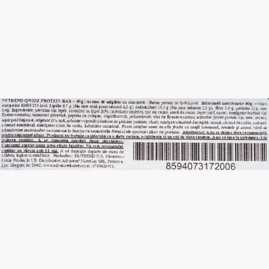 Baton proteic cu aromă de migdale și ciocolată Qwizz, 60g 