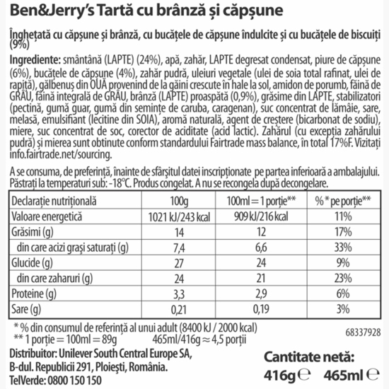 Înghețată cu căpșuni și brânză Strawberry Cheesecake, 465ml (416g)