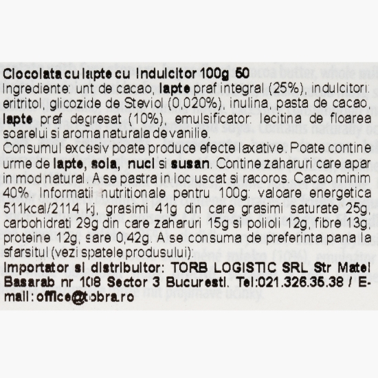 Ciocolată cu lapte cu Stevia, fără zahăr adăugat 100g