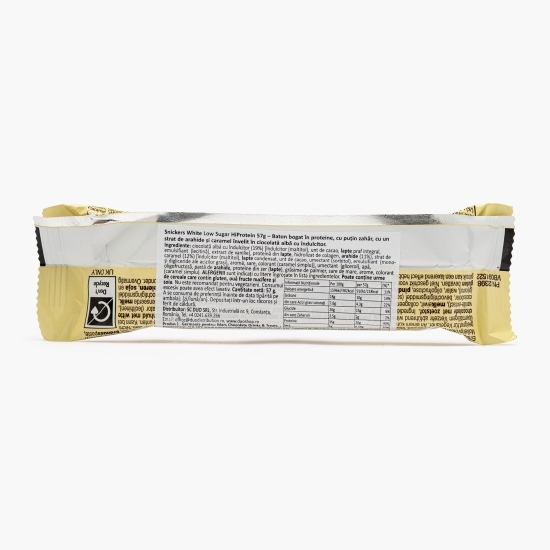 Baton proteic cu ciocolată albă, arahide și caramel HiProtein White Low Sugar 57g