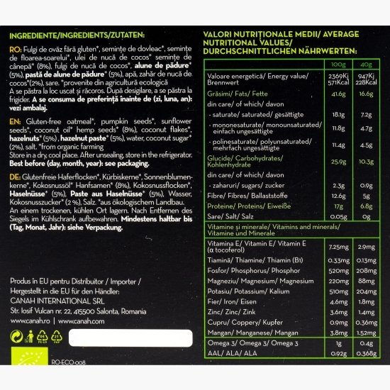 Granola eco cu cânepă Low Sugar, 400g