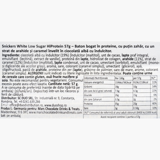 Baton proteic cu ciocolată albă, arahide și caramel HiProtein White Low Sugar 57g