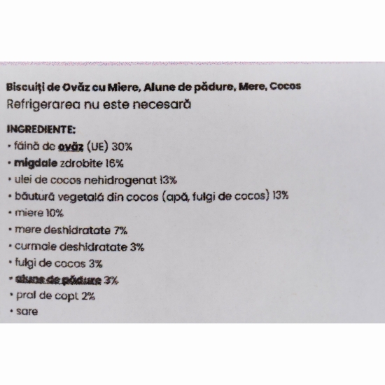 Biscuiți de ovăz cu miere, alune de pădure, cocos și mere, fără zahăr 120g