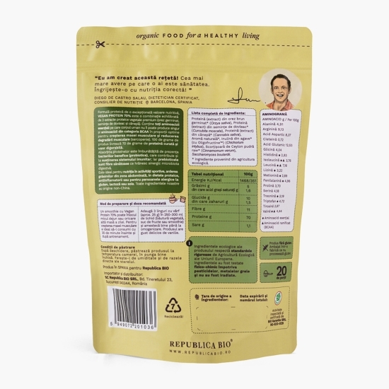  Pulbere proteică ecologică Vegan Protein 70%, cu gust de vanilie, 500g