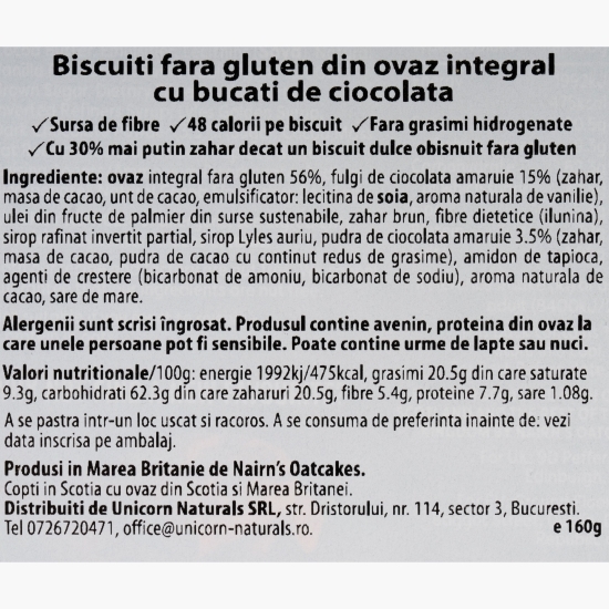 Biscuiți fără gluten din ovăz integral cu ciocolată 160g