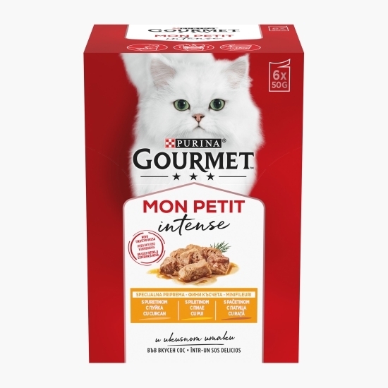 Hrană umedă pentru pisici, 6 x 50g, MonPetit cu pui, rață, curcan în sos