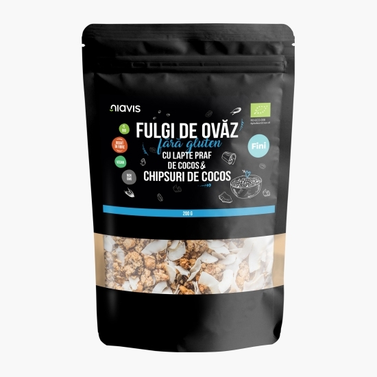 Fulgi de ovăz fini eco, fără gluten cu pudră de cocos și chipsuri de cocos 200g