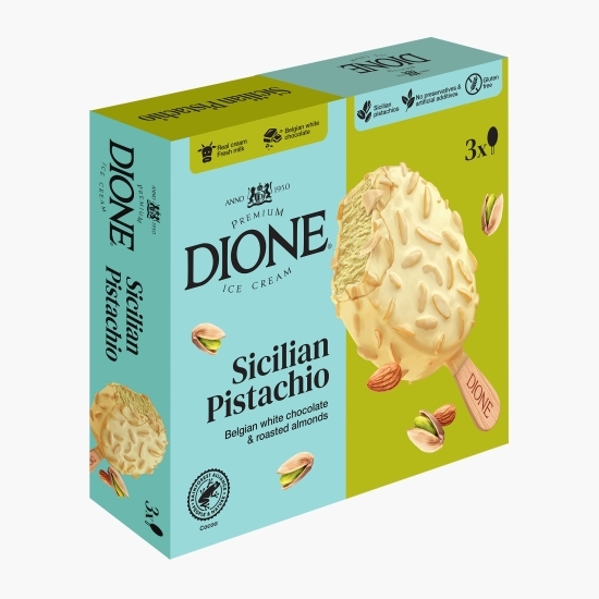 Înghețată de fistic cu ciocolată albă belgiană și migdale, 3x90ml (3x70g)
