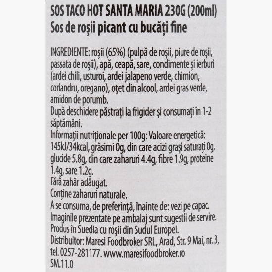 Sos taco hot, fără zahăr adăugat, 230g
