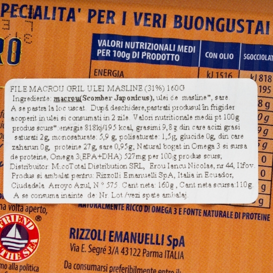 File de macrou grill în ulei de măsline 160g
