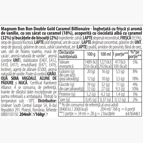 Înghețată Bon Bon Gold Caramel Billionaire, 12 buc, 204ml (168g)