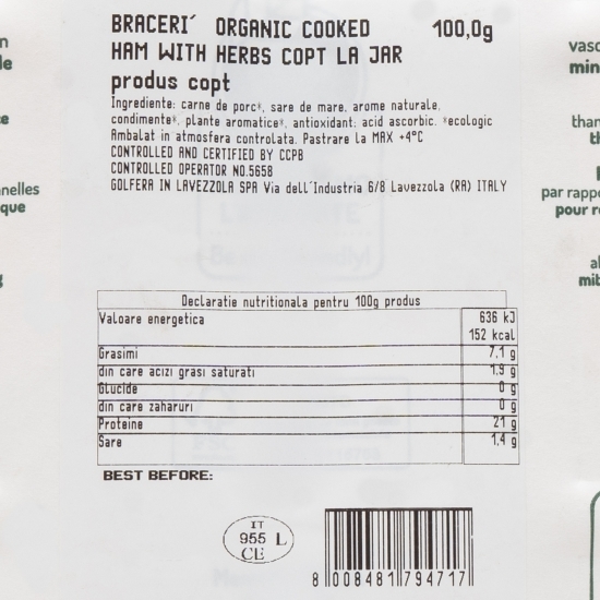 Prosciutto cotto di alta qualita cu ierburi, eco 100g