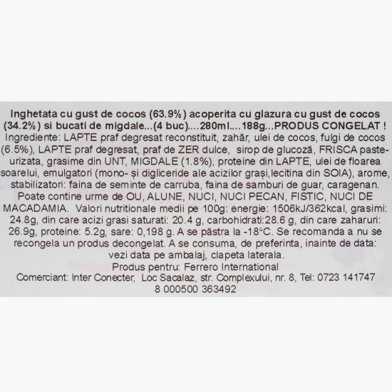 Înghețată de cocos cu glazură de ciocolată albă și fulgi de cocos 4x70ml