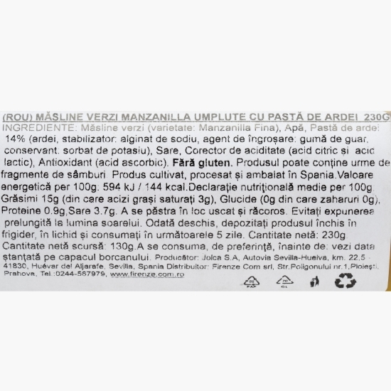 Măsline verzi umplute cu pastă de ardei, în saramură, 230g