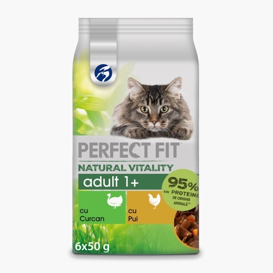 Hrană umedă pentru pisici adulte 1+, 6x50g, Natural Vitality cu pui și curcan 