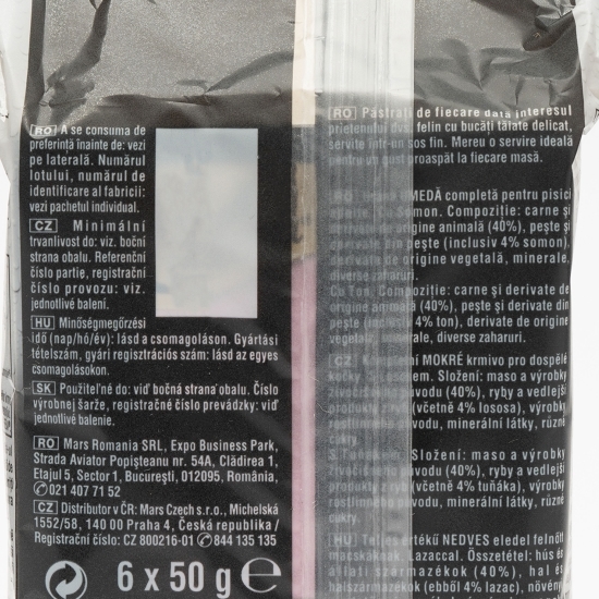 Hrană umedă pentru pisici adulte, 6x50g, cu somon, ton și păstrăv