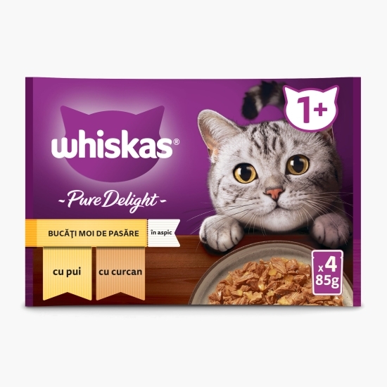 Hrană umedă pentru pisici adulte, 4x85g, Pure Delight cu carne de pasăre în aspic