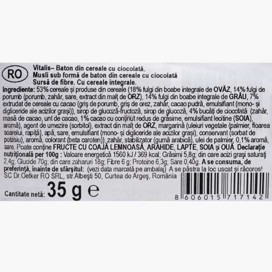 Baton de cereale Vitalis cu ciocolată 35g