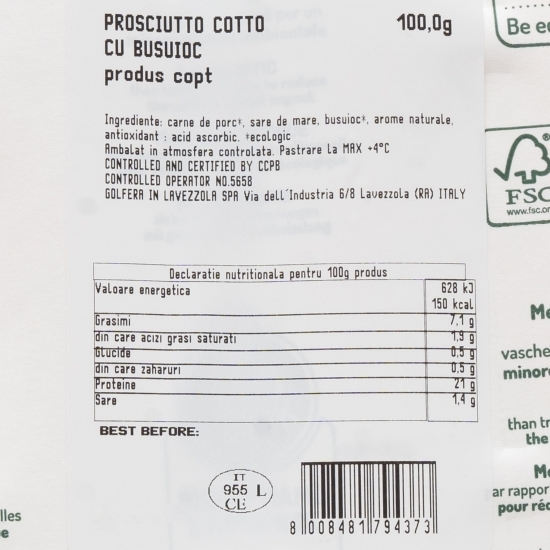 Prosciutto cotto cu busuioc, eco 100g