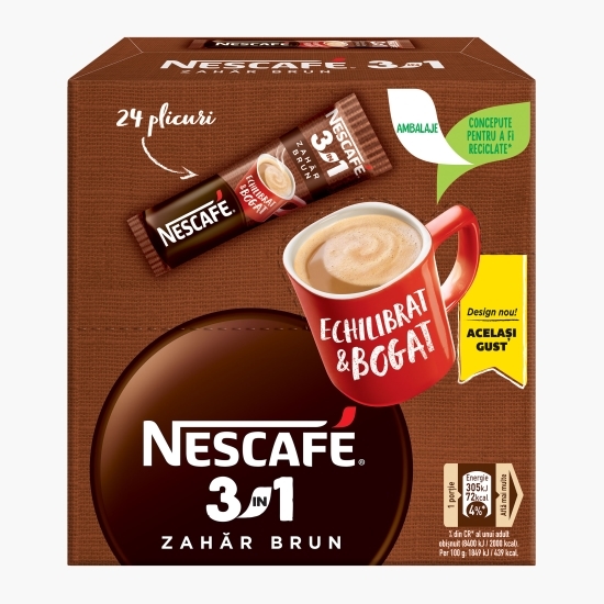 3în1 zahăr brun plicuri, 24x 16.5g, mix de cafea instant 