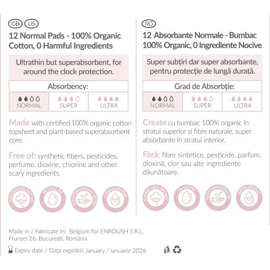 Absorbante bumbac organic Normale, 12 buc