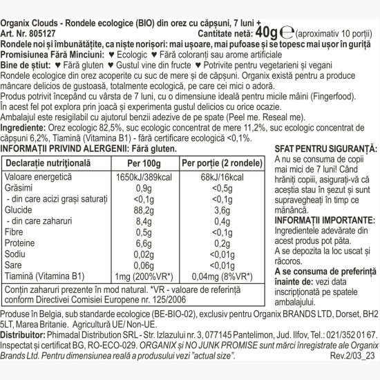 Rondele ecologice din orez cu căpșuni, 7 luni+, 40g