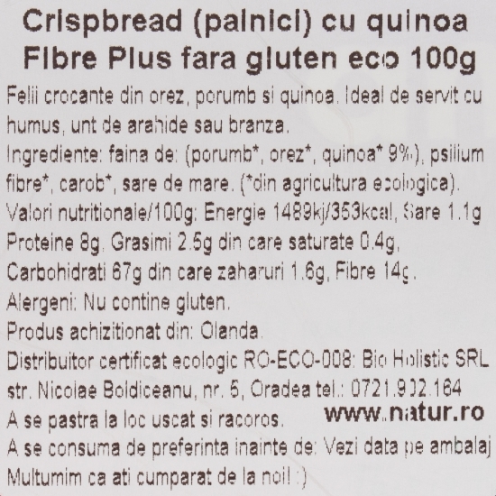 Pâine crocantă eco Quinoa Fibre Plus, fără gluten 100g