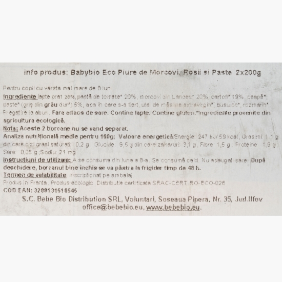 Piure eco de morcovi, roșii și paste, 8+ luni, 2x200g