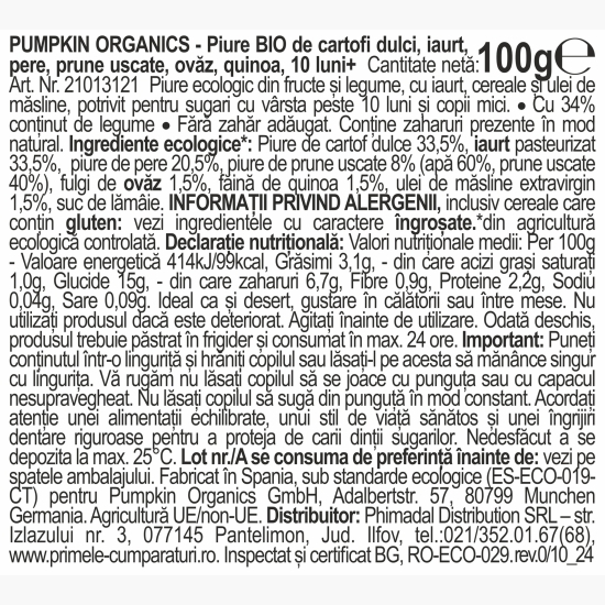 Piure eco de cartofi dulci, iaurt, pere, prune uscate, ovăz și quinoa 100g, +10 luni