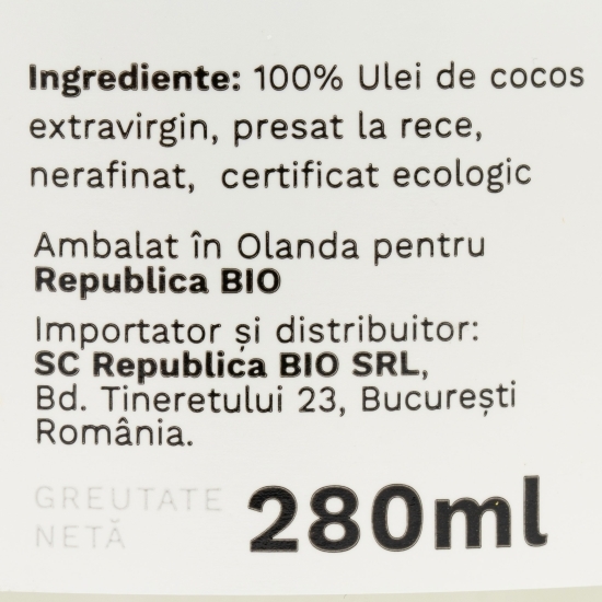 Ulei de cocos ecologic extravirgin, presat la rece 280ml