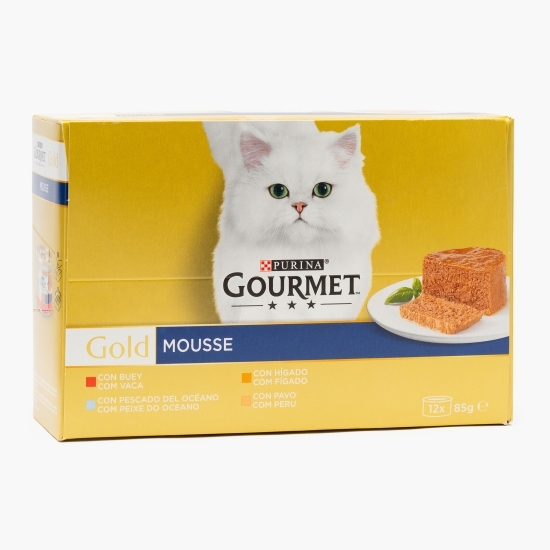 Hrană umedă pentru pisici Mousse Gourmet Gold, 12x85g, mix de arome (pește oceanic, curcan, ficat și vită)