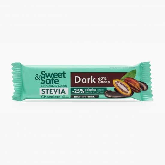 Ciocolată amăruie cu 60% cacao, fără zahăr și îndulcitor stevie 25g