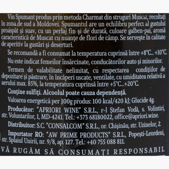 Vin spumant alb demisec Muscat, 11.5%, 0.75l
