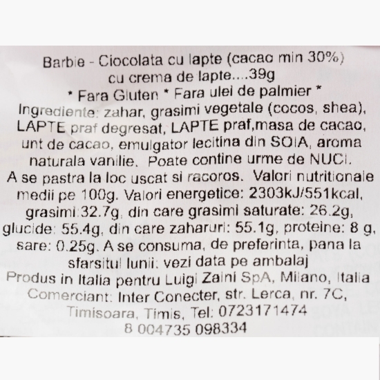 Praline de ciocolată cu lapte cu umplutură de cremă de lapte Mini Creamy Barbie, cu surpriză 39g